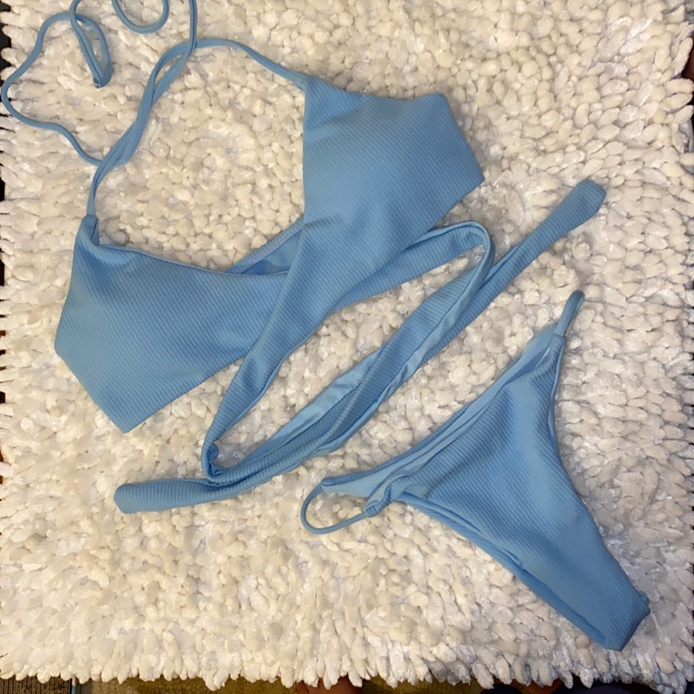 Blue Wrap Halter Tanga High Cut Bikini Swim Set
